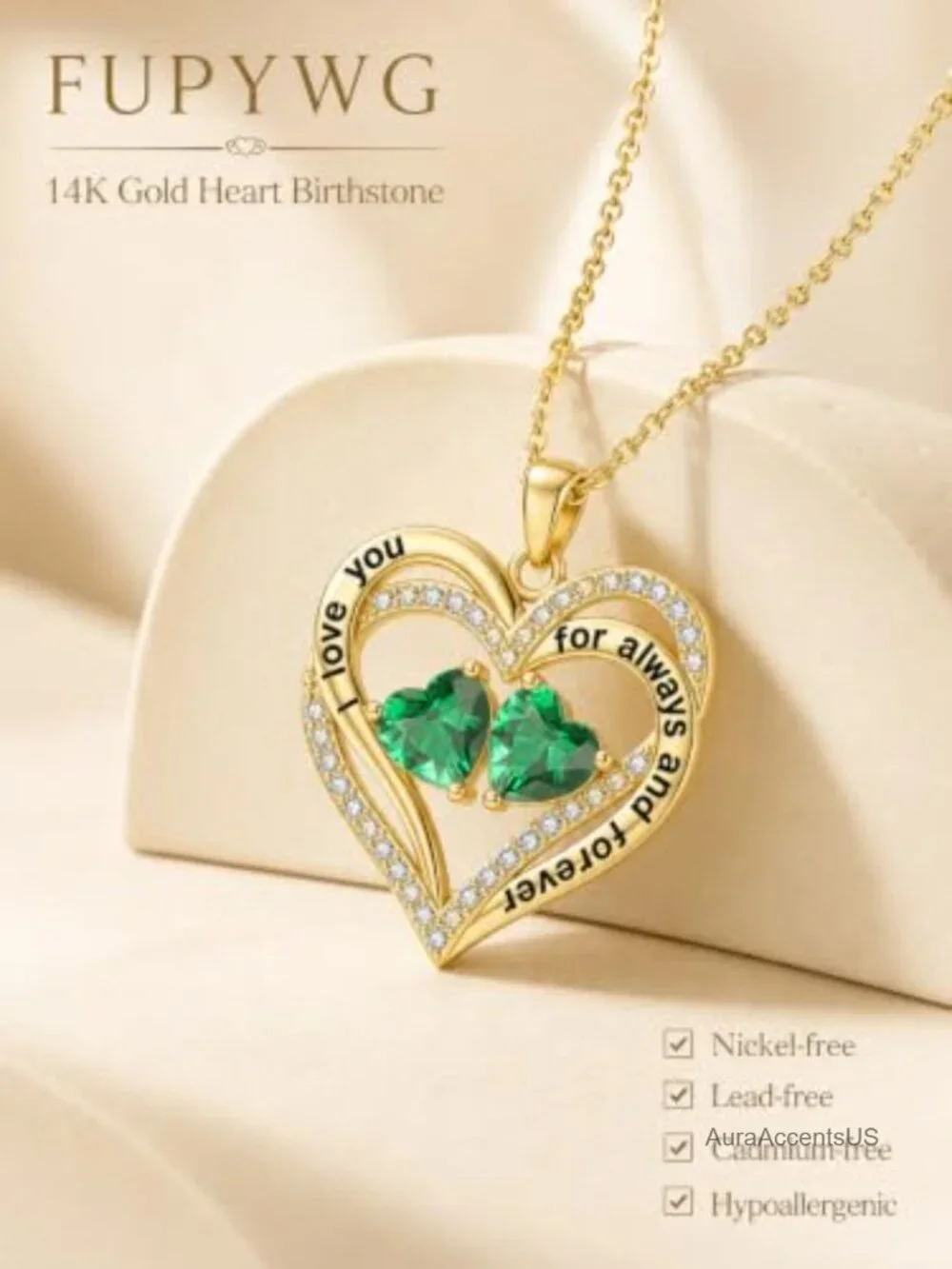 14K Gold Double Intertwined Heart Pendant Birthstone Necklace